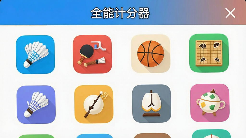 一张手机界面截图风格图片,展示“全能计分器”软件中多种运动模板选择页面,图标排列整齐,包括羽毛球、乒乓球、篮球、围棋等,背景清爽,色彩鲜明,画质清晰,无多余元素