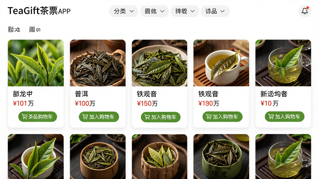 主体:TeaGift茶票APP的茶品选购页面,展示多款茶叶产品,包括龙井、普洱、铁观音等。布局:网格状排列,每个产品卡片包含茶叶图片、名称和价格,页面顶部有分类筛选栏。排版:整齐有序,卡片大小统一,信息简洁明了。风格:商业摄影与UI设计结合,色调明亮,突出茶叶质感。细节:茶叶图片清晰可见叶片纹理,价格标签醒目,卡片上有“加入购物车”图标。画质:超清细腻,干净,无多余元素。