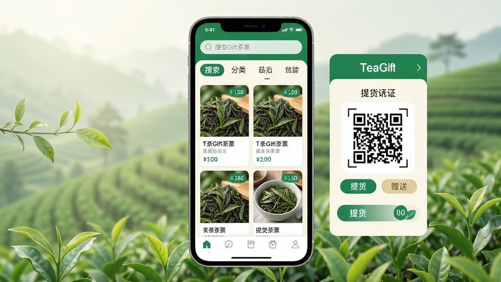 主体:TeaGift茶票APP界面展示,手机屏幕显示茶品列表与提货凭证页面,背景为淡雅茶田。布局:手机居中,界面元素清晰,上方为搜索栏和分类标签,中间为茶品卡片,下方为底部导航栏。排版:简洁现代,信息层级分明,突出“TeaGift茶票”品牌标识。风格:清新自然,色调以翠绿、米白为主,符合茶文化氛围。细节:茶品卡片上有茶叶图片和价格标签,提货凭证页面有二维码和“提货”“赠送”按钮。画质:高清渲染,干净,无多余元素。