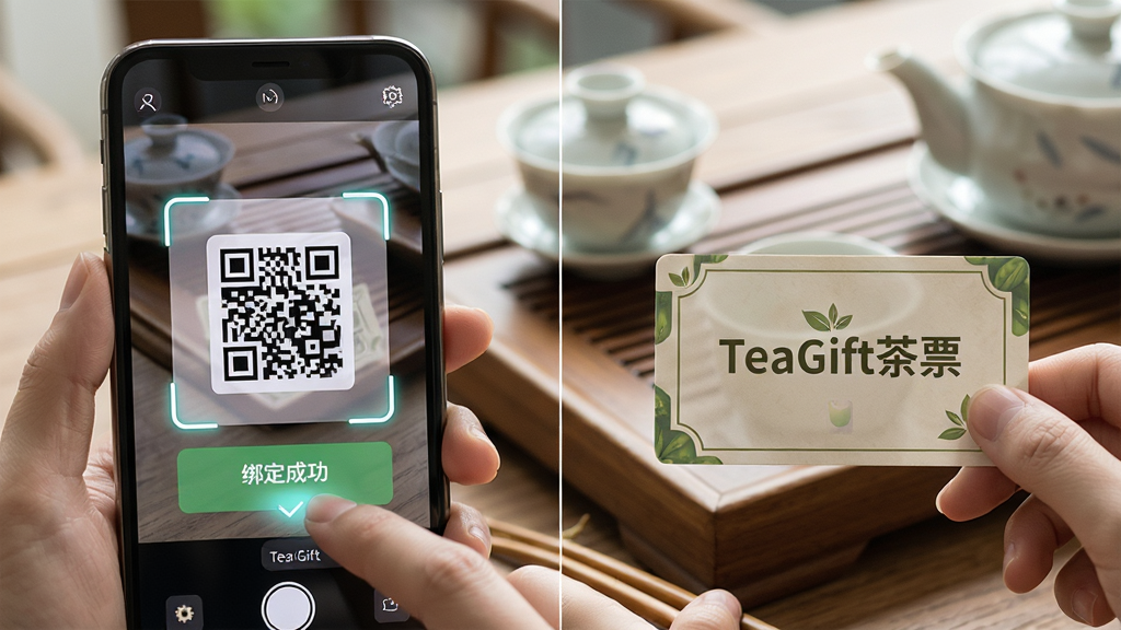主体:TeaGift茶票APP的使用场景,用户手持手机扫描实体卡二维码。布局:左侧为手机屏幕特写,显示扫描框,右侧为一张茶票实体卡,背景为茶桌。排版:构图平衡,突出操作动作。风格:写实摄影风格,光线柔和。细节:手机屏幕上有“绑定成功”提示,实体卡上印有“TeaGift茶票”字样。画质:高清,干净,无多余元素。