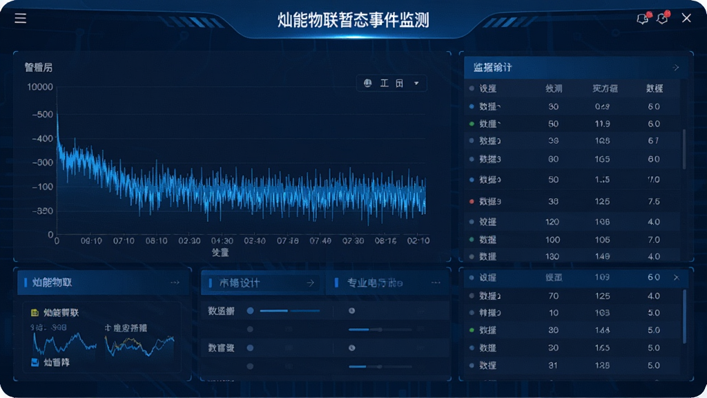 展示灿能物联App暂态事件监测页面,屏幕上有电压暂降波形图,时间轴标记,数据表格,专业电力监测风格,布局规整,蓝色科技色调,画质清晰,无多余元素