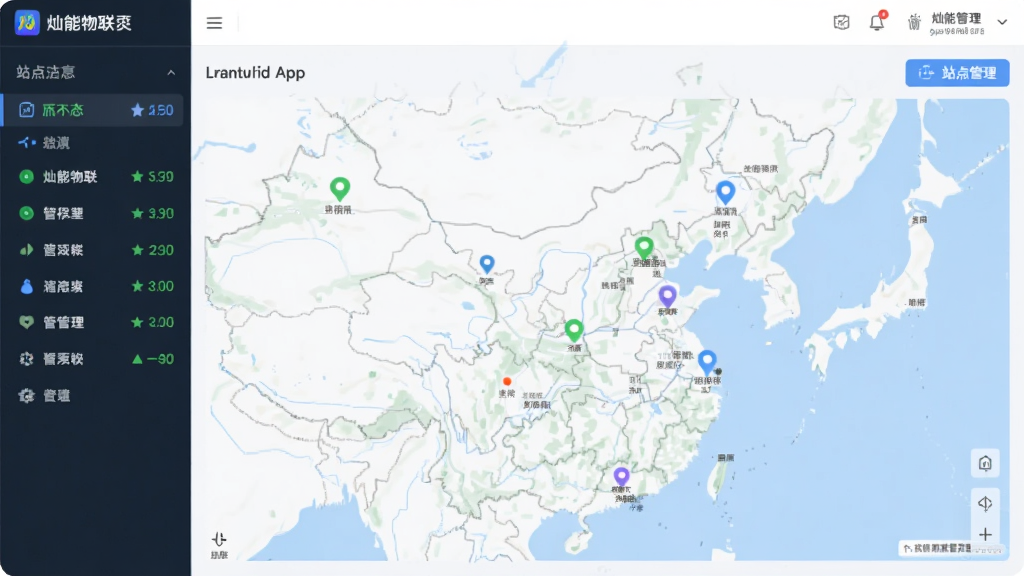 展示灿能物联App多站点管理页面,地图上分布监测点,侧边栏站点列表,状态图标,现代管理后台风格,浅色背景,布局清晰,画质干净