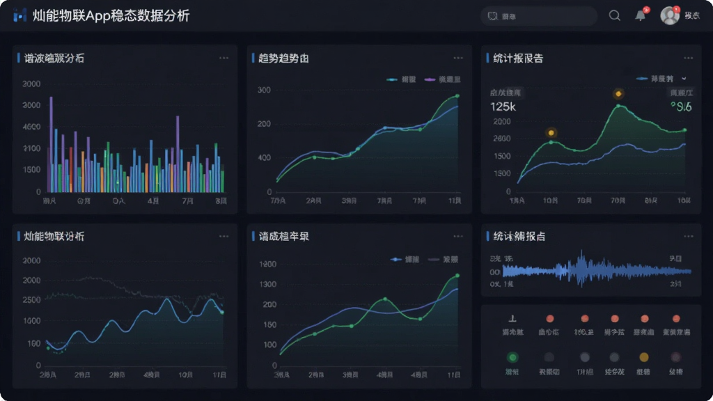显示灿能物联App稳态数据分析界面,包含谐波柱状图、趋势曲线、统计报表,界面简洁专业,深色背景,数据可视化效果,干净无多余元素