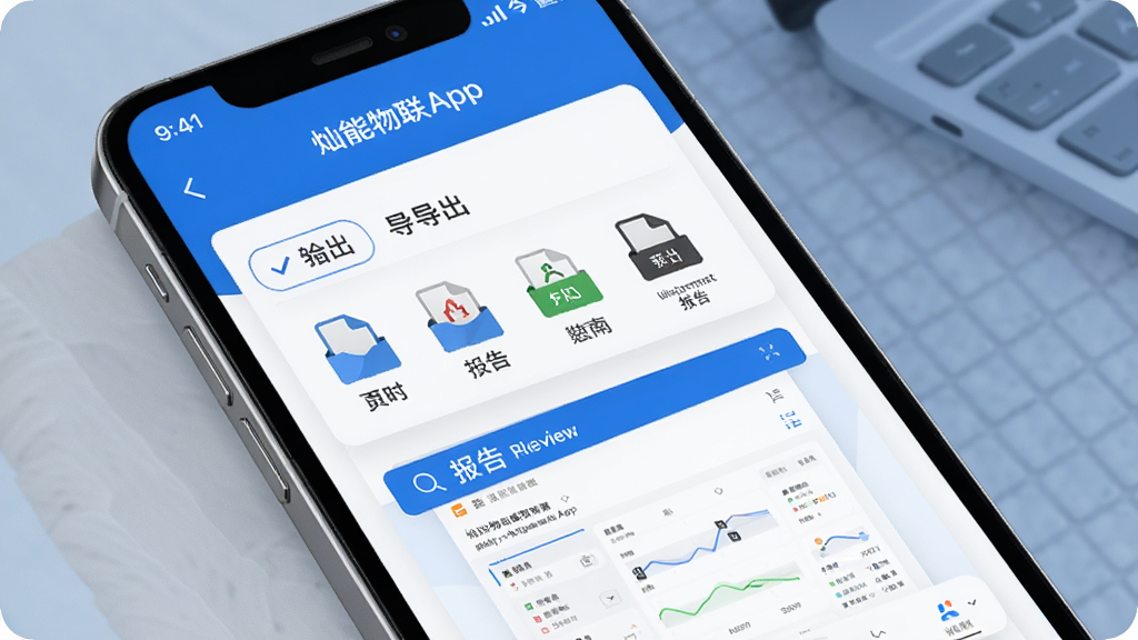 展示灿能物联App数据导出界面,手机屏幕上有导出选项、文件格式图标、报告预览,简洁商务风格,蓝白配色,细节丰富,画质干净