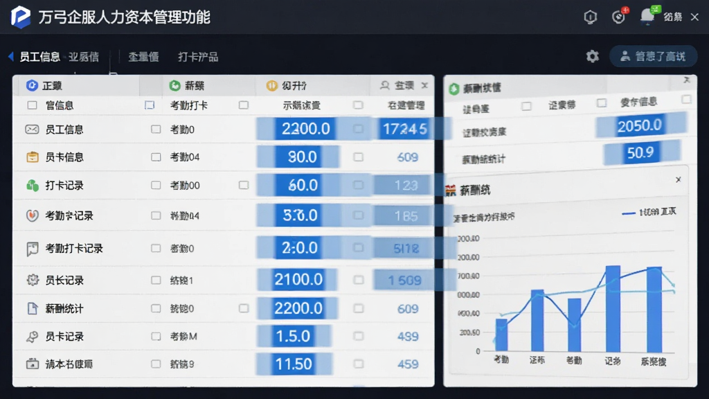 万弓企服人力资本管理功能界面截图,显示员工信息列表、考勤打卡记录、薪酬统计图表,界面采用表格形式,蓝色高亮关键数据,整体风格专业商务,画质清晰,无多余元素