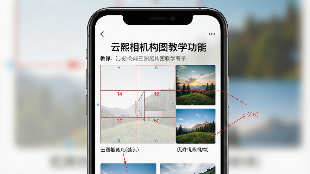 一张展示云熙相机构图教学功能的截图,主体为手机屏幕,屏幕上显示三分法构图的教程页面,包含网格线示意和优秀摄影作品示例。布局为上下结构,上方是教学标题,下方是图文内容。排版清晰,文字说明简洁。风格简洁明了,UI界面友好。细节上,有红色辅助线标示构图比例,并配有简短文字说明。画质高清,干净,无多余元素。