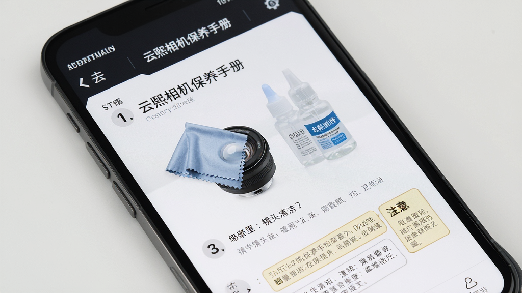 一张展示云熙相机保养手册功能的界面,主体为手机屏幕,屏幕显示一篇关于镜头清洁的图文教程,配有无尘布和清洁液的实物图。布局为图文混排,步骤清晰。排版规整,阅读舒适。风格专业、严谨,偏向工具书风格。细节上,有步骤编号和注意事项的温馨提示框。画质高清,干净,无多余元素。