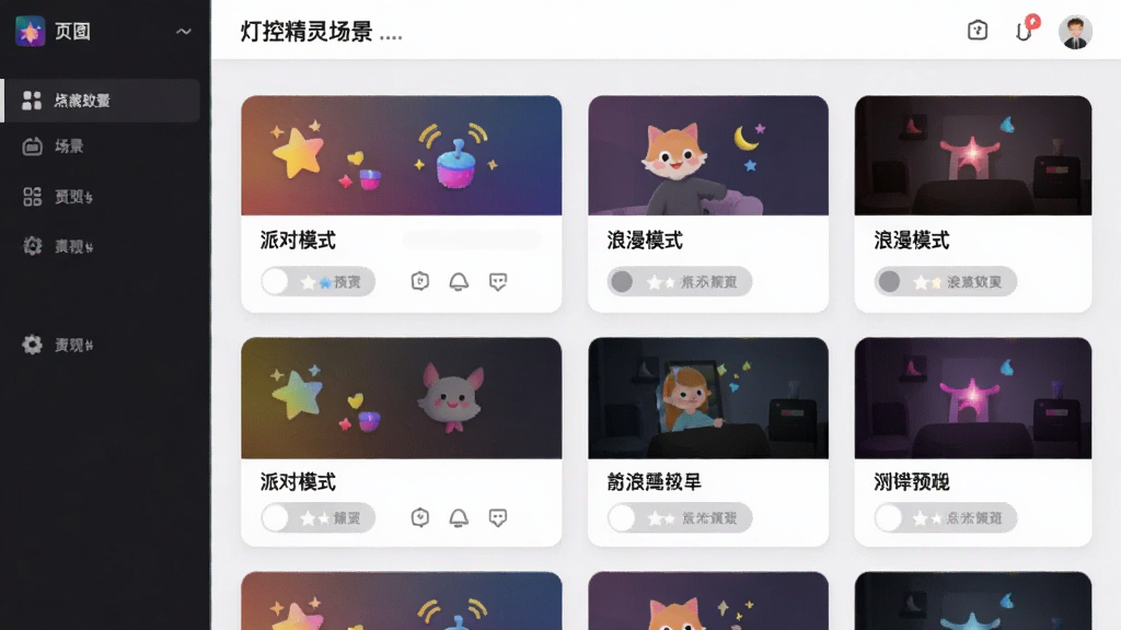 灯控精灵场景管理页面,列表显示多个场景卡片如“派对模式”“浪漫模式”,每个卡片有彩色图标,点击可预览效果,界面清爽,高清画质,干净无多余元素