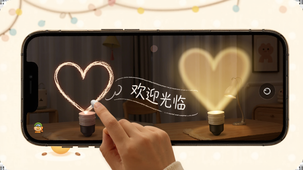 灯控精灵手绘功能演示,用户在手机屏幕上绘制心形图案,对应灯具投射出心形光效,旁边有文字滚动“欢迎光临”,画面温馨,高清画质,干净无多余元素