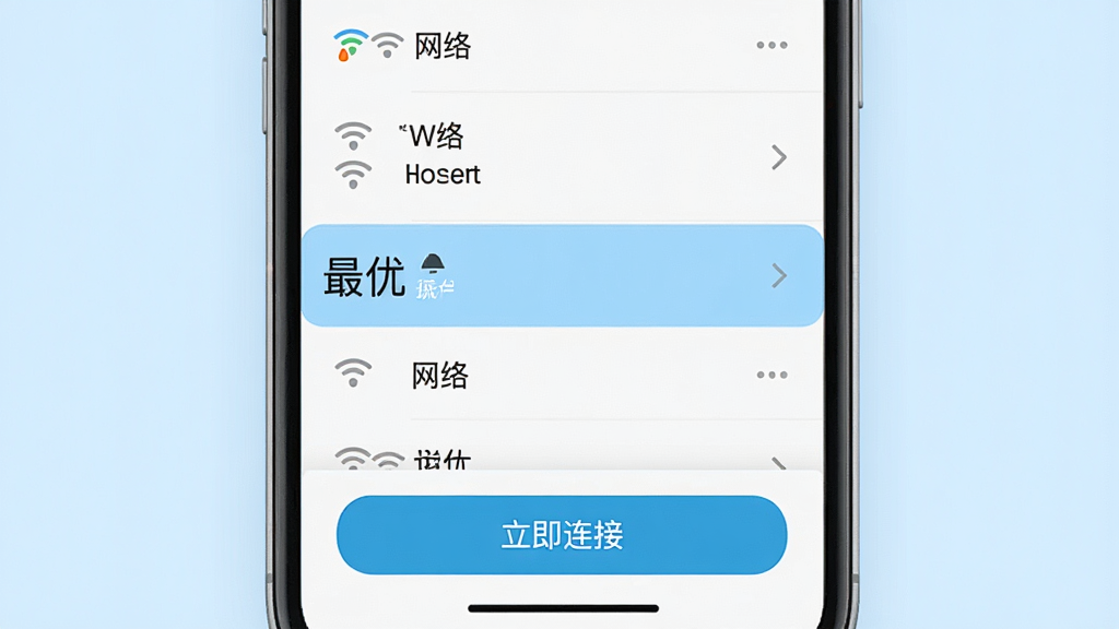 一张智能省流手机应用在WiFi管理界面的预览图,界面显示多个WiFi列表,每个列表项有信号强度图标和网络名称,其中一个网络被高亮标记为“最优”,界面底部有“立即连接”按钮,背景为浅蓝色,风格清新,画质清晰,无多余元素