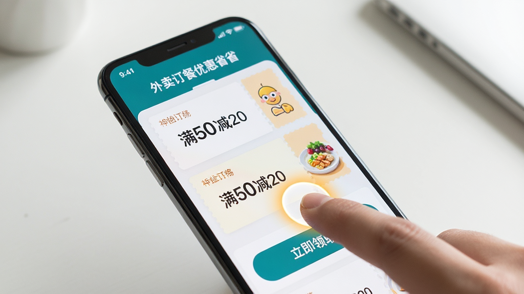 主体:“外卖订餐优惠省省”APP在手机上的实际使用场景,手指正在点击“立即领取”按钮。布局:手机屏幕占据主要画面,屏幕显示优惠券列表,手指点击位置有高亮光圈。排版:手机斜放,屏幕内容清晰,背景为简约的桌面环境。风格:真实摄影风格,光线自然,色彩柔和。细节:屏幕上有“外卖订餐优惠省省”字样,以及“满50减20”的券面信息。画质:高清,干净,无多余元素。