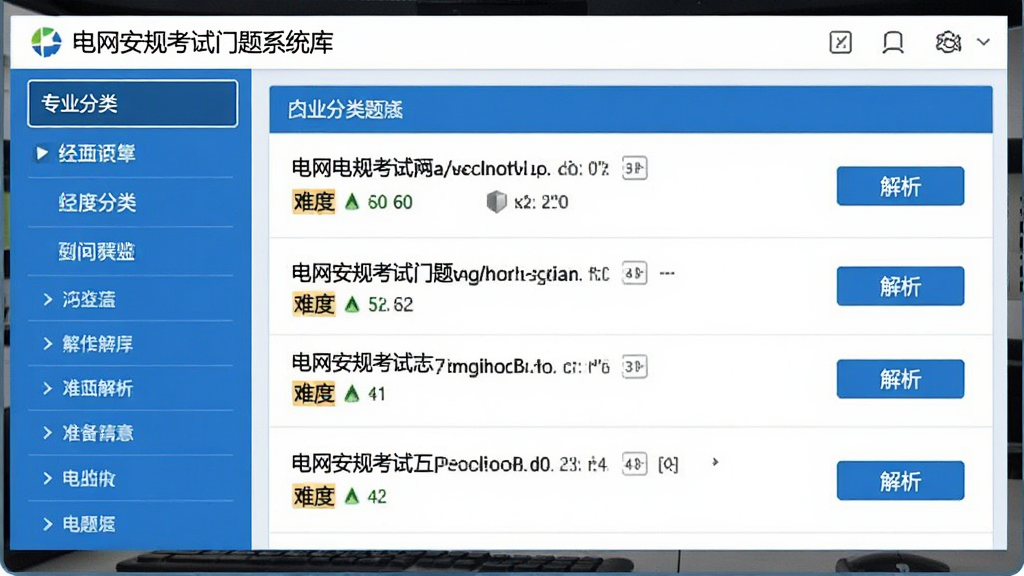 电网安规考试门题系统题库界面,左侧显示专业分类列表,右侧展示题目列表,每道题带有难度标识和解析按钮,界面布局清晰,蓝白配色,画质高清,干净无多余元素