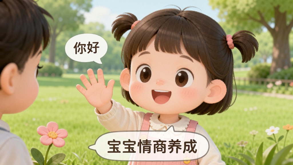 一个卡通小女孩在公园里遇到小伙伴,微笑着挥手说“你好”,画面中有一朵小花作为点缀。整体布局为近景,突出人物表情和手势,背景是柔和的绿色草坪和树木。排版上,画面下方有对话框,写着“宝宝情商养成”。画风清新细腻,色彩柔和,画质清晰干净,无多余元素。