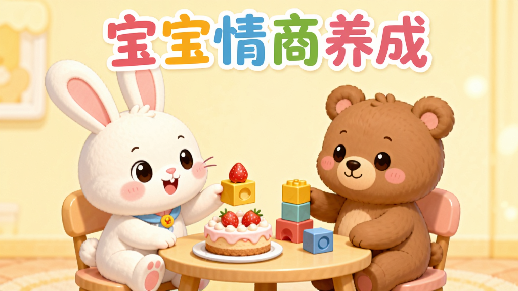 卡通小兔子和小熊坐在一张小桌前,桌上摆放着蛋糕和积木,小兔子正将一块积木递给小熊。主体布局为中心对称,背景是温馨的淡黄色墙壁。排版上,画面顶部有彩色的“宝宝情商养成”字样。画风软萌可爱,细节到位,如蛋糕上的草莓和动物的表情,画质干净明亮,无多余元素。