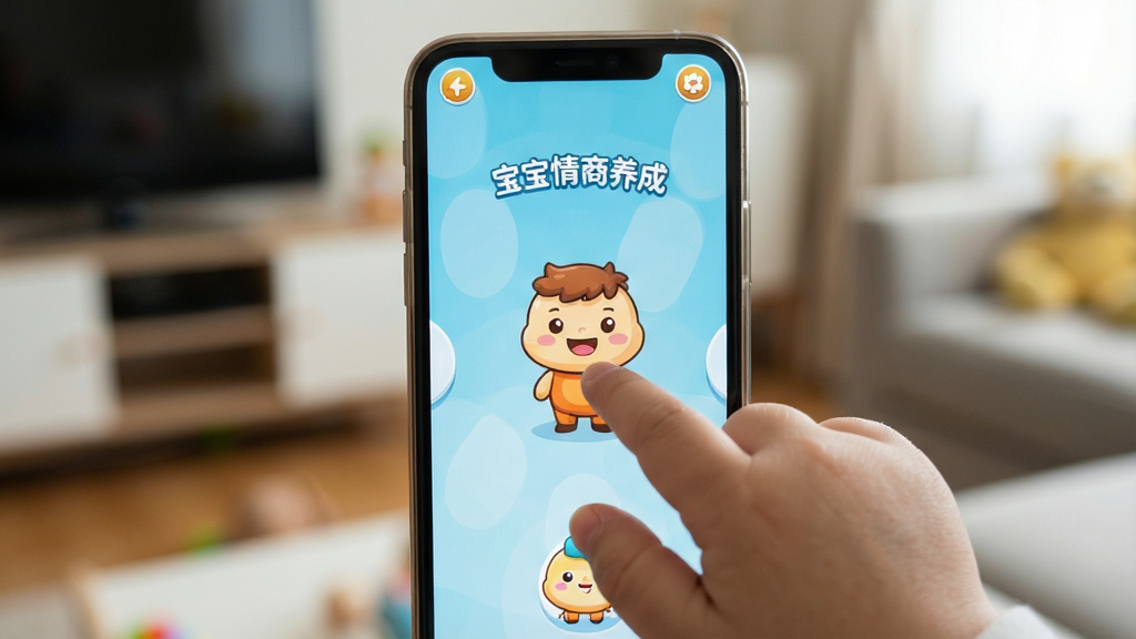 一张手机屏幕的近距离特写,屏幕上显示着宝宝情商养成的游戏界面,一只小手正在点击屏幕上的卡通角色。主体是手机和手的互动,布局为居中构图,背景是模糊的室内环境。排版上,屏幕内画面清晰明亮。画风写实,细节清晰,画质高,干净无多余元素。