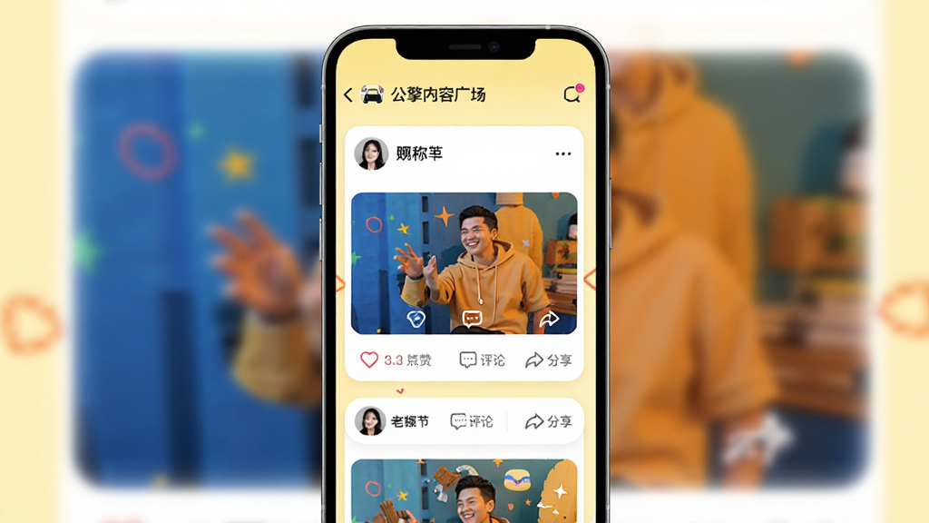 公擎内容广场功能预览图,手机界面展示信息流笔记卡片,包含图文、点赞、评论、分享按钮,用户头像和昵称清晰可见,整体风格活泼,背景为浅黄色,突出社交互动氛围,画质干净,无多余元素