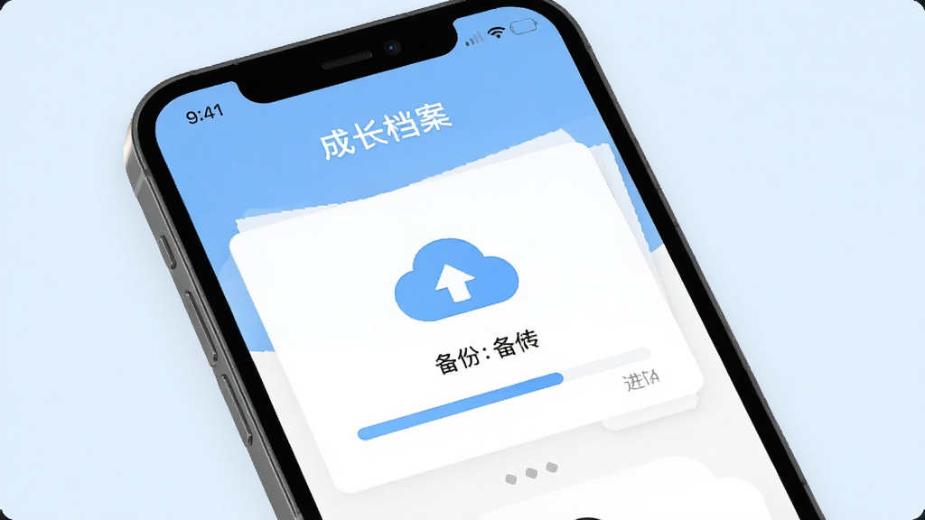 在成长云存储功能界面,展示手机端上传照片和视频的操作页面,云端备份图标和进度条清晰可见,背景为淡蓝色,界面简洁,突出“成长档案”字样,画质干净,无多余元素