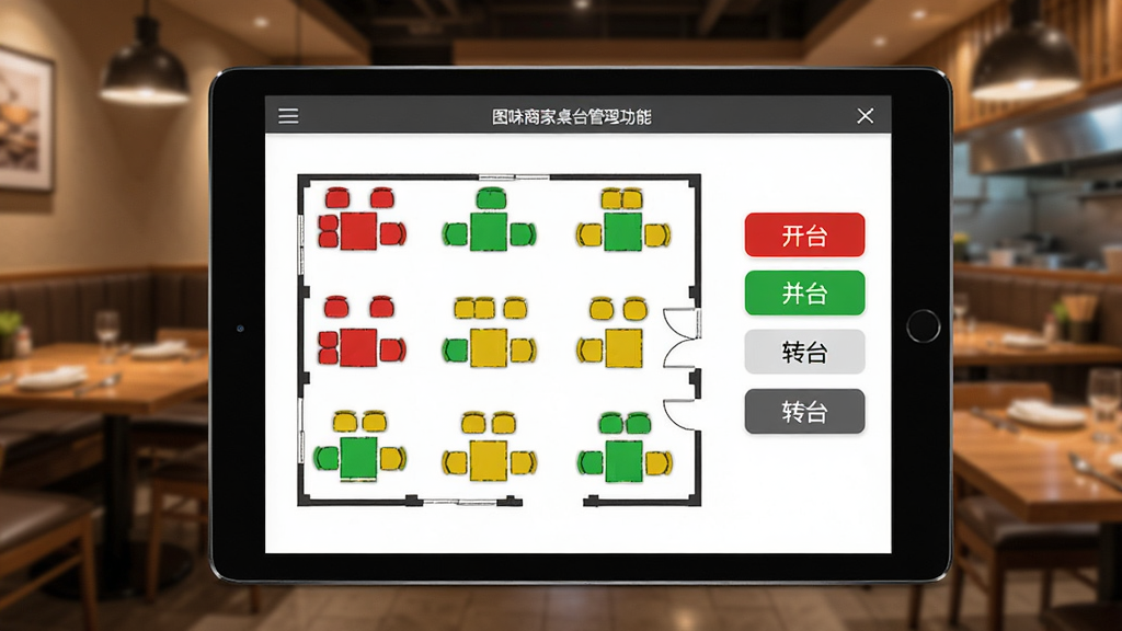 图味商家桌台管理功能界面,平板电脑上显示餐厅平面图,不同桌台以红绿黄三色标记占用状态,旁边有