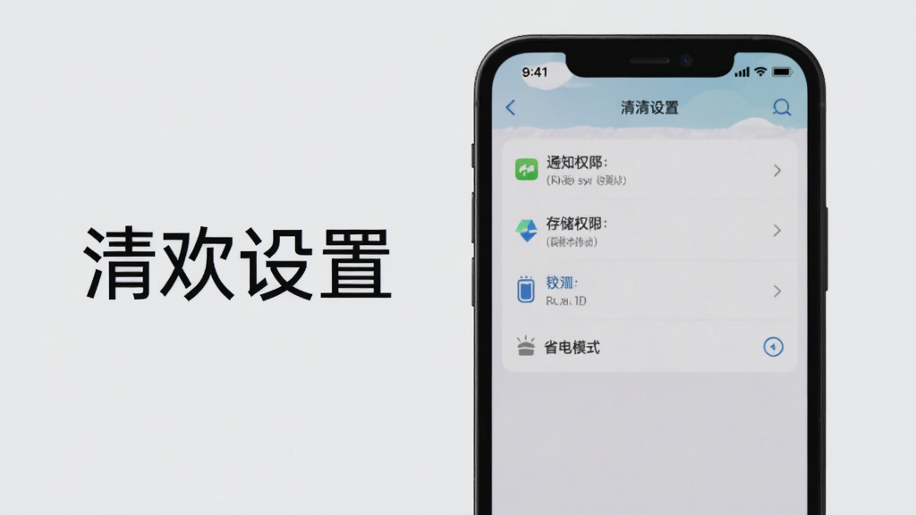 清欢使用教程配图,手机屏幕展示设置界面,包含通知权限、存储权限、省电模式等选项,背景为浅灰色,界面简洁,画质清晰,文字标注“清欢设置”