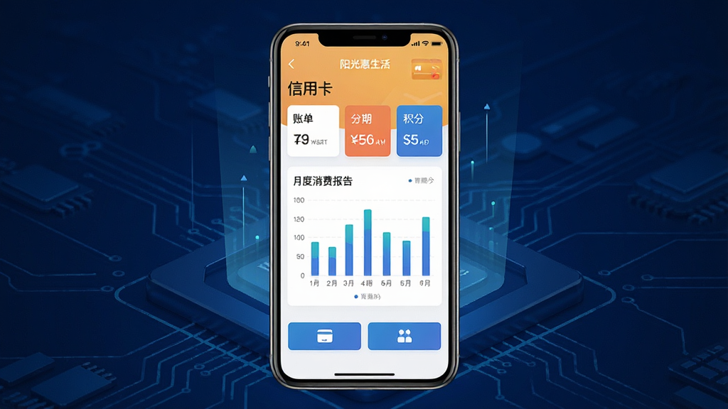 主体:手机屏幕显示阳光惠生活App的“信用卡”页面,包含账单、分期、积分等模块;布局:手机居中,背景为深蓝色科技感背景;排版:数据以图表形式展示,清晰直观;风格:商务科技风;细节:屏幕上有“月度消费报告”柱状图,下方有功能按钮;画质:高清,干净,无多余元素