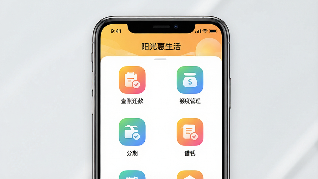 主体:智能手机屏幕显示阳光惠生活App的“首页”界面,包含“查账还款”、“额度管理”、“分期”、“借钱”等图标;布局:手机居中,背景为淡灰色;排版:界面图标呈网格状分布,上方有“阳光惠生活”字样;风格:写实截图风格;细节:图标带彩色渐变,屏幕上方有状态栏;画质:清晰,干净,无多余元素