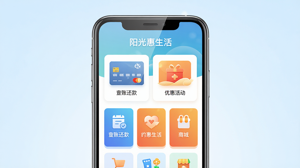 主体:手机屏幕展示阳光惠生活App界面,屏幕上有“阳光惠生活”字样和信用卡管理、优惠活动等图标;布局:手机居中,四周留白,背景为浅蓝色渐变;排版:手机屏幕内容清晰,图标排列整齐;风格:现代扁平化,色彩明亮;细节:屏幕反射微光,界面显示“查账还款”、“约惠生活”、“商城”等模块;画质:高清渲染,干净,无多余元素