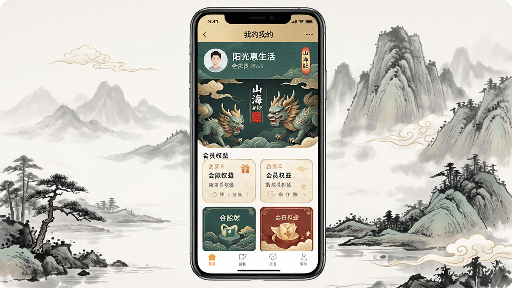 主体:手机屏幕显示阳光惠生活App的“我的”页面,展示国风皮肤和会员权益;布局:手机居中,背景为水墨画风格的山水;排版:页面顶部显示用户头像和会员等级,下方功能列表排列整齐;风格:国风典雅;细节:皮肤以“山海经”为主题,有异兽图案,会员权益卡片精致;画质:高清,干净,无多余元素