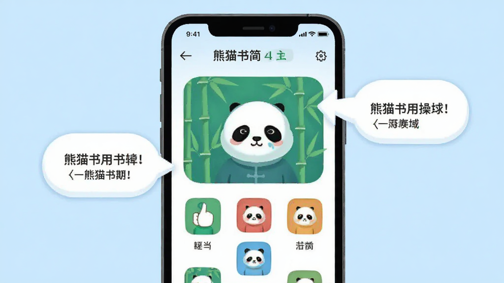 熊猫书简使用指南插图,手机屏幕显示应用主界面,旁边有操作提示气泡,背景为淡蓝色,简洁明了,画质干净