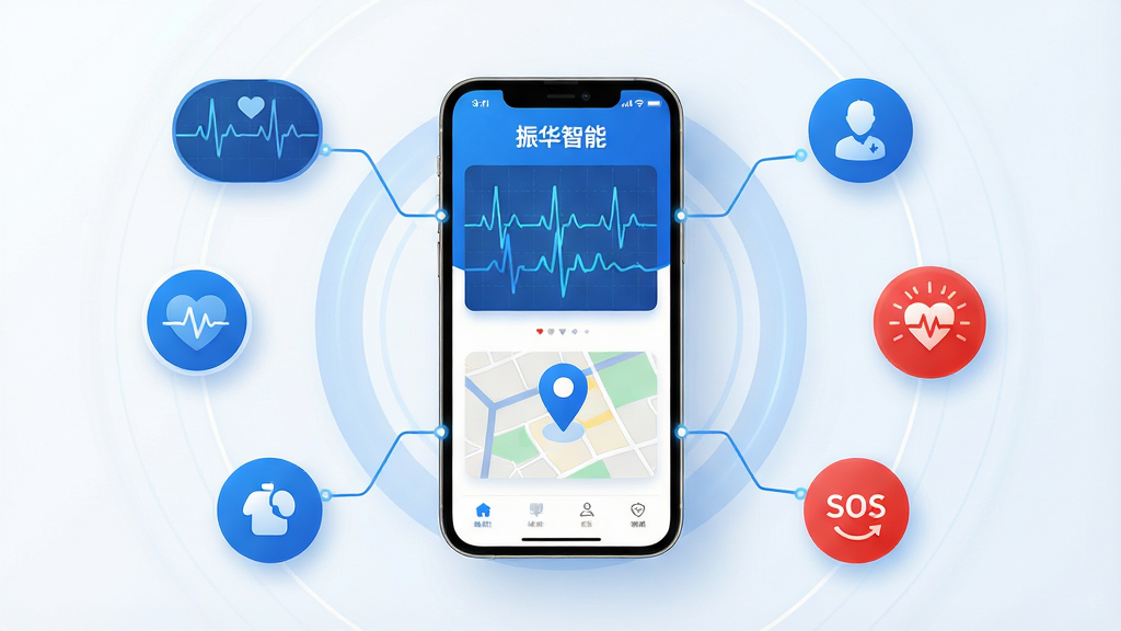 主体:一部智能手机屏幕显示“振华智能”APP主界面,界面周围环绕着心率波形图、定位地图和SOS紧急求救图标。布局:手机居中,各个功能图标以同心圆形式环绕手机排列,线条连接至手机屏幕。排版:简洁大气,功能模块分区清晰,色彩以蓝色和白色为主。风格:现代科技感,扁平化设计,突出智能监护主题。细节:手机屏幕上显示“振华智能”字样,心率波形图动态起伏,地图上有定位标记,SOS图标醒目。画质:高清渲染,光影柔和,整体画面干净,无多余元素。