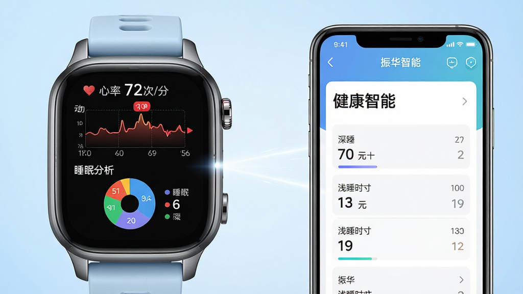 主体:一块振华中老年智能监护手表特写,屏幕显示心率曲线和睡眠分析数据,旁边是一部手机屏幕显示“振华智能”APP的健康数据页面。布局:手表与手机并排摆放,屏幕内容清晰可见,背景为柔和的浅蓝色渐变。排版:左右对称构图,手表在左,手机在右,中间以一条光线连接。风格:医疗健康风格,专业、洁净。细节:手表屏幕上显示“心率 72次/分”和睡眠阶段饼图,手机屏幕上显示“振华智能”健康报告,包含深睡、浅睡时长。画质:高清特写,细节丰富,画面干净,无多余元素。