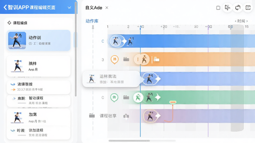 智训APP课程编辑页面截图,左侧是动作库列表,右侧是自定义课程时间轴,布局采用卡片式排版,风格清新简洁,细节展示拖拽添加动作的交互状态,画质明亮干净无多余元素