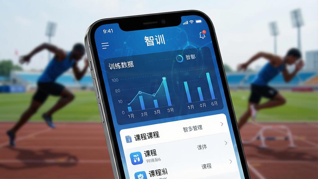 一张现代感十足的智能手机界面特写,屏幕显示“智训”APP主界面,背景是模糊的田径场与运动员剪影,主体为APP界面布局排版,采用蓝色科技感风格,细节包括训练数据图表与课程列表,画质高清干净无多余元素