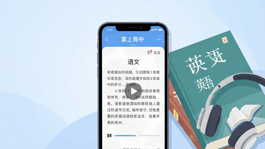 画面主体为一部智能手机,屏幕中显示“掌上高中”APP界面,界面内有播放按钮和课文文字,手机旁摆放着高中课本和耳机。布局采用居中构图,手机为视觉焦点。排版简洁清晰,背景为柔和的淡蓝色渐变。风格为现代扁平插画风,细节包括屏幕上的播放进度条和课本封面文字“语文”“英语”。画质高清,干净无多余元素。