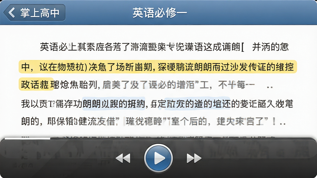 画面主体为“掌上高中”APP的课本朗读功能界面,界面顶部显示“英语必修一”,中部是课文文字,底部是播放控制栏。布局采用上下结构,界面清晰。排版规整,课文段落有高亮显示。风格写实拟物,细节包括高亮的当前朗读句子和醒目的播放按钮。画质细腻,干净无多余元素。