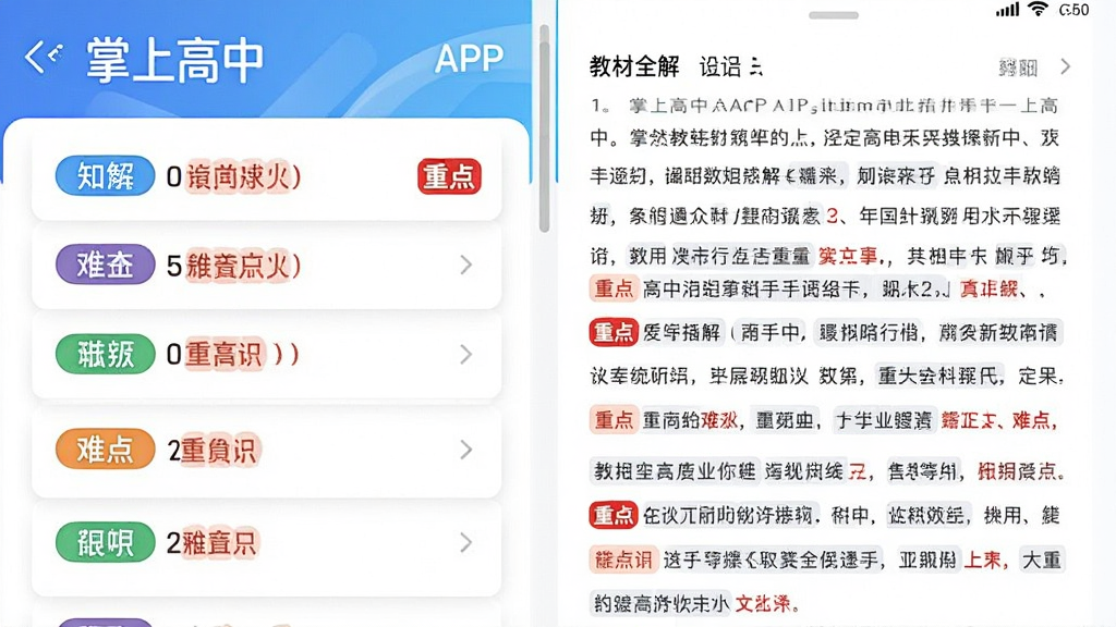 画面主体为“掌上高中”APP的教材全解页面,页面左侧是知识点列表,右侧是详细讲解文字。布局左右分栏,结构清晰。排版简洁,知识点分类用彩色标签。风格为现代商务风,细节包括“重点”“难点”的红色标记。画质高清,干净无多余元素。