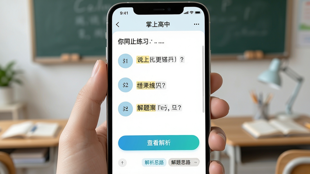 画面主体为“掌上高中”APP的同步练习界面,屏幕显示一道选择题,下方有“查看解析”按钮和“解题思路”标签。布局居中,界面清爽。排版简洁,选项为圆形按钮。风格为清新教育风,细节包括解析中的关键词高亮。画质干净,无多余元素。