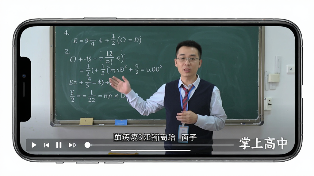 画面主体为一部手机横屏播放视频讲解,屏幕中显示数学老师正在讲解题目,右下角有“掌上高中”水印。布局为横版构图,手机占据画面中心。排版简洁,视频画面清晰。风格写实,细节包括播放进度条和清晰的字幕。画质高清,干净无多余元素。