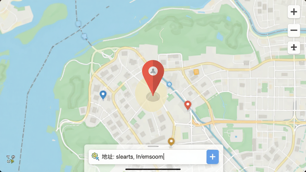 模拟定位大师地图选点操作页面,地图铺满屏幕,中央有可拖动的红色定位针,底部弹出地址搜索输入框,界面直观,扁平化设计风格,色彩清新,细节丰富,画质清晰,无多余元素