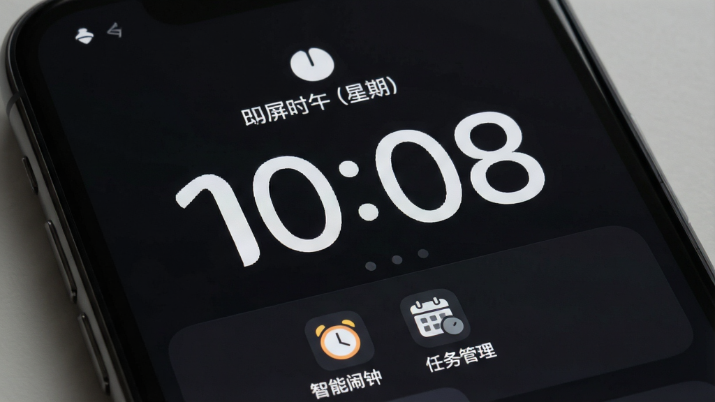 高清画面中,一部智能手机屏幕显示“锁屏时钟”应用界面,界面以深色背景为主,中央显示巨大的数字时钟,字体为简约白色,上方有日期和星期,下方有“智能闹钟”和“任务管理”的图标,整体风格现代简约,画质清晰细腻,光线柔和,突出时间显示的清晰度与美感,干净无多余元素