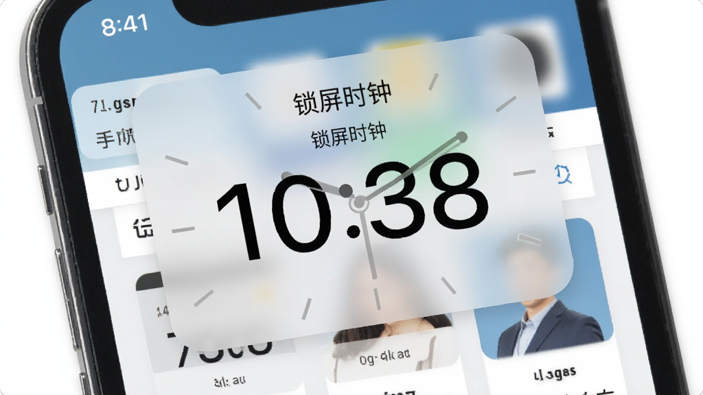 手机屏幕上方悬浮着一个半透明的时钟小部件,显示“锁屏时钟”品牌名称,背景是正在浏览的网页内容,时钟数字清晰可见,位置可拖动,界面简洁,整体风格清爽,画质高清,干净无多余元素