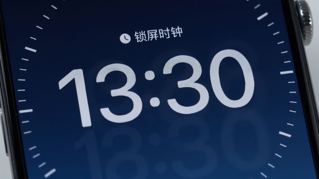 手机全屏显示“锁屏时钟”的极简表盘,背景为深蓝色渐变,中央是巨大的白色数字时间,周围有细小的刻度,整体风格静谧,适合夜间使用,画质细腻,光线柔和,干净无多余元素