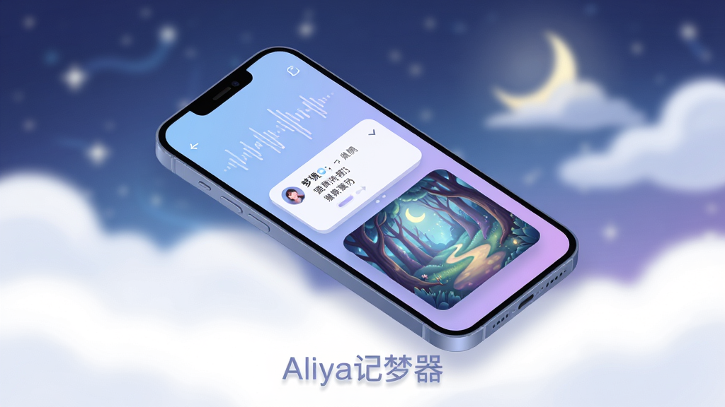 主体:一部智能手机屏幕显示Aliya记梦器应用界面,界面风格简约清新,主色调为柔和的蓝紫色渐变,背景是模糊的星空与云朵。布局:手机位于画面中央,屏幕内展示语音波形图、梦境文字卡片与一幅生成好的梦幻插画预览。排版:手机略微倾斜,四周留白,下方有淡淡的“Aliya记梦器”字样投影。风格:扁平化设计结合轻微的3D质感,整体氛围宁静、治愈、富有想象力。细节:界面中的插画是一幅月光下的森林小径,光影柔和,色彩梦幻。画质:高清,干净,无多余元素。