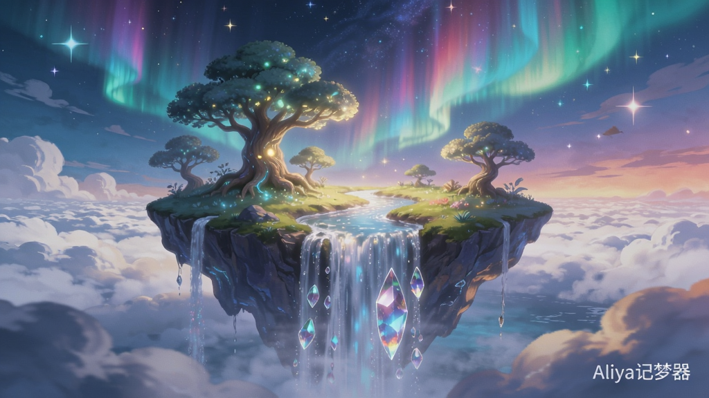 主体:一幅由Aliya记梦器生成的梦境插画,画面是一片漂浮在云海之上的岛屿,岛上有发光的树木和瀑布,天空中是绚烂的极光。布局:插画填满整个画面,构图以岛屿为中心,四周环绕云海与星光。排版:画面右下角有淡淡的“Aliya记梦器”水印。风格:治愈系数字绘画,色彩丰富但柔和,光影梦幻。细节:瀑布的水流呈现出晶莹的光泽,极光有流动的质感。画质:高清,干净,无多余元素。