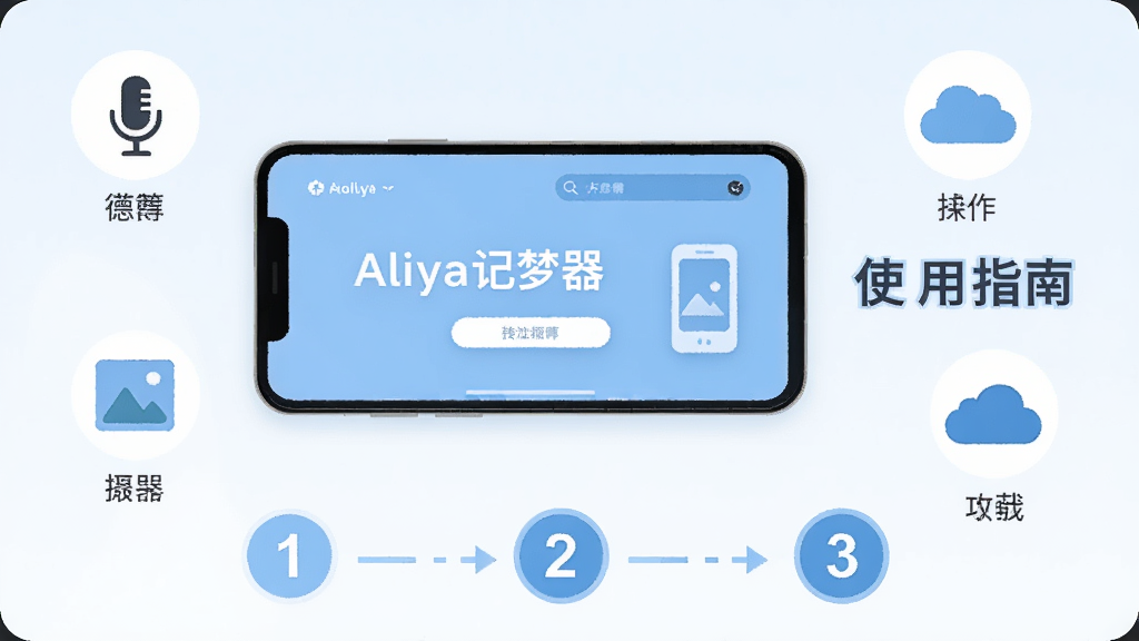 主体:一部手机横屏显示Aliya记梦器的操作界面,旁边有文字说明“使用指南”。布局:手机位于画面中央,周围散布着几个图标,如麦克风、图片、云朵,表示功能点。排版:画面下方有步骤编号1-2-3。风格:简洁的扁平化插画风,浅蓝与白色为主。细节:每个图标下方有简化文字标签。画质:高清,干净,无多余元素。