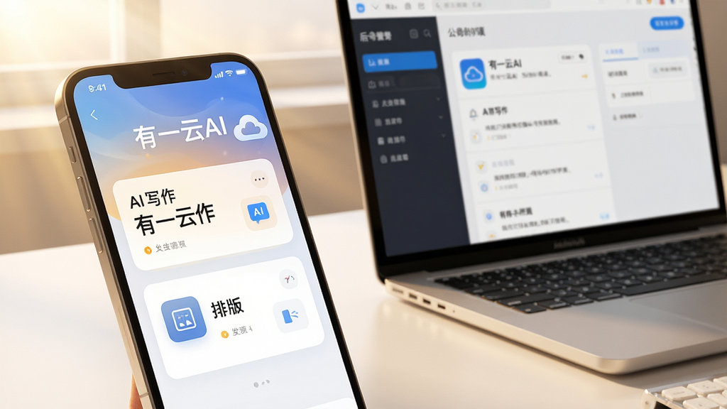 主体:一部亮着屏幕的智能手机,屏幕上显示“有一云AI”应用界面,界面中有AI写作和排版功能模块,手机旁边摆放着一台笔记本电脑,电脑屏幕上是公众号后台编辑页面。布局:手机位于画面左侧前景,电脑位于右侧背景,形成工作场景的层次感。排版:整体采用对角线构图,画面干净,重点突出手机屏幕上的软件界面。风格:现代科技感,明亮通透,略带暖色调。细节:手机屏幕中的文字清晰可见“有一云AI”,周围有柔和的光影效果。画质:8K超高清,细节丰富,干净,无多余元素。