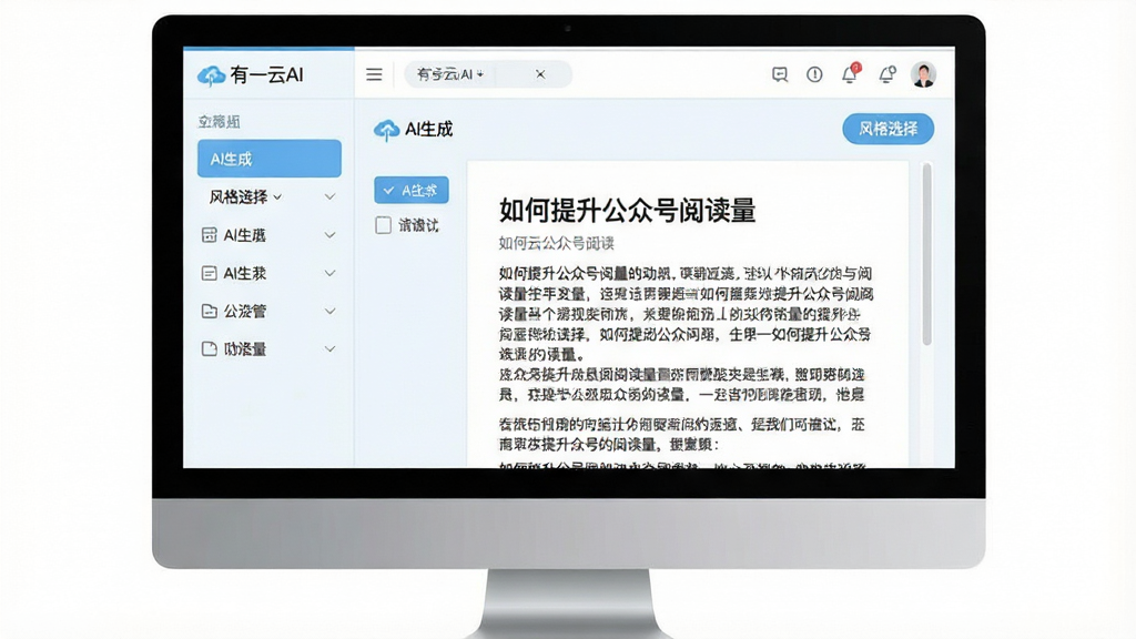 主体:一张电脑显示器的特写,屏幕上显示“有一云AI”的AI写作界面,左侧是功能列表,右侧是生成的文章草稿,文稿标题为“如何提升公众号阅读量”。布局:以屏幕为视觉中心,四周留白,突出屏幕内容。排版:屏幕内容清晰可辨,界面布局规整。风格:简洁的办公风格,浅蓝色与白色为主色调。细节:界面中可以看到“AI生成”、“风格选择”等按钮,文字内容清晰。画质:高清,边缘锐利,画面干净,无多余元素。