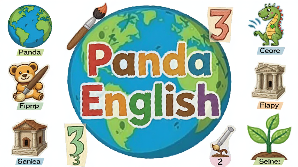 展示CLIL跨学科元素的拼贴画,主体为中央的“Panda English”字样,四周环绕地球仪、画笔、数字符号和植物图标,布局为环绕式,风格童趣卡通,色彩鲜艳,细节包括学科图标下的小标签,画质干净无多余元素