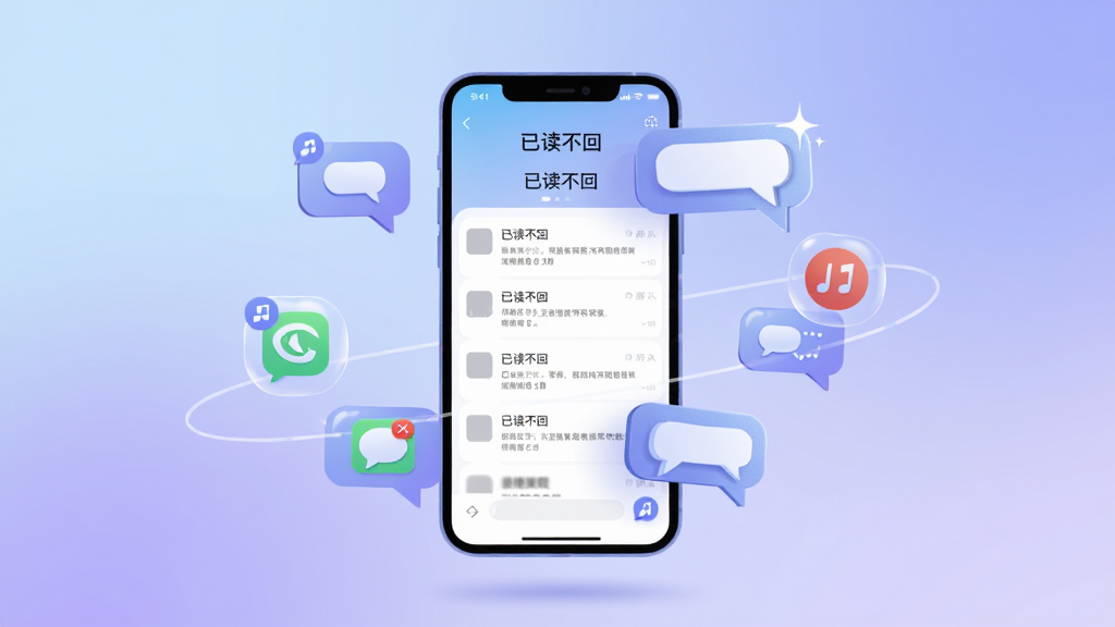 画面主体为一部亮屏的智能手机悬浮于柔和渐变背景中央,屏幕内清晰显示“已读不回”应用界面,界面中有消息列表和“已读不回”字样。手机周围环绕着轻盈的悬浮气泡图标,代表各类社交软件通知。整体布局采用居中对称构图,风格为扁平化矢量插画,色彩以清新的蓝紫色调为主,辅以白色高光点缀。细节上突出消息气泡的立体感和手机屏幕的细腻质感,画质高清,干净无多余元素。