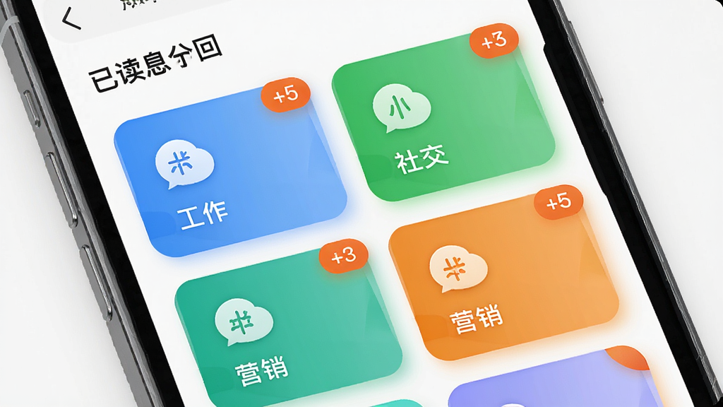 画面主体为手机应用界面,显示“已读不回”的消息分类页面,分为工作、社交、营销等几个彩色卡片模块。每张卡片上有对应标签图标和未读数字角标。布局采用网格排列,风格为清爽的UI设计图,色彩明亮,使用蓝、绿、橙区分不同类别。细节上卡片有圆角阴影,界面干净,画质高清。