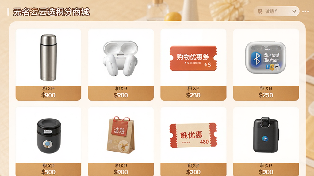 无名云选积分商城页面,展示多种可兑换礼品,包括保温杯、蓝牙耳机、购物优惠券等,每个商品下方标有积分价格,界面布局整齐,色调温暖,风格写实,画质干净,无多余元素